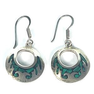 Vintage Taxco 925 Sterling Malachite Inlay Dangle Hook Earrings